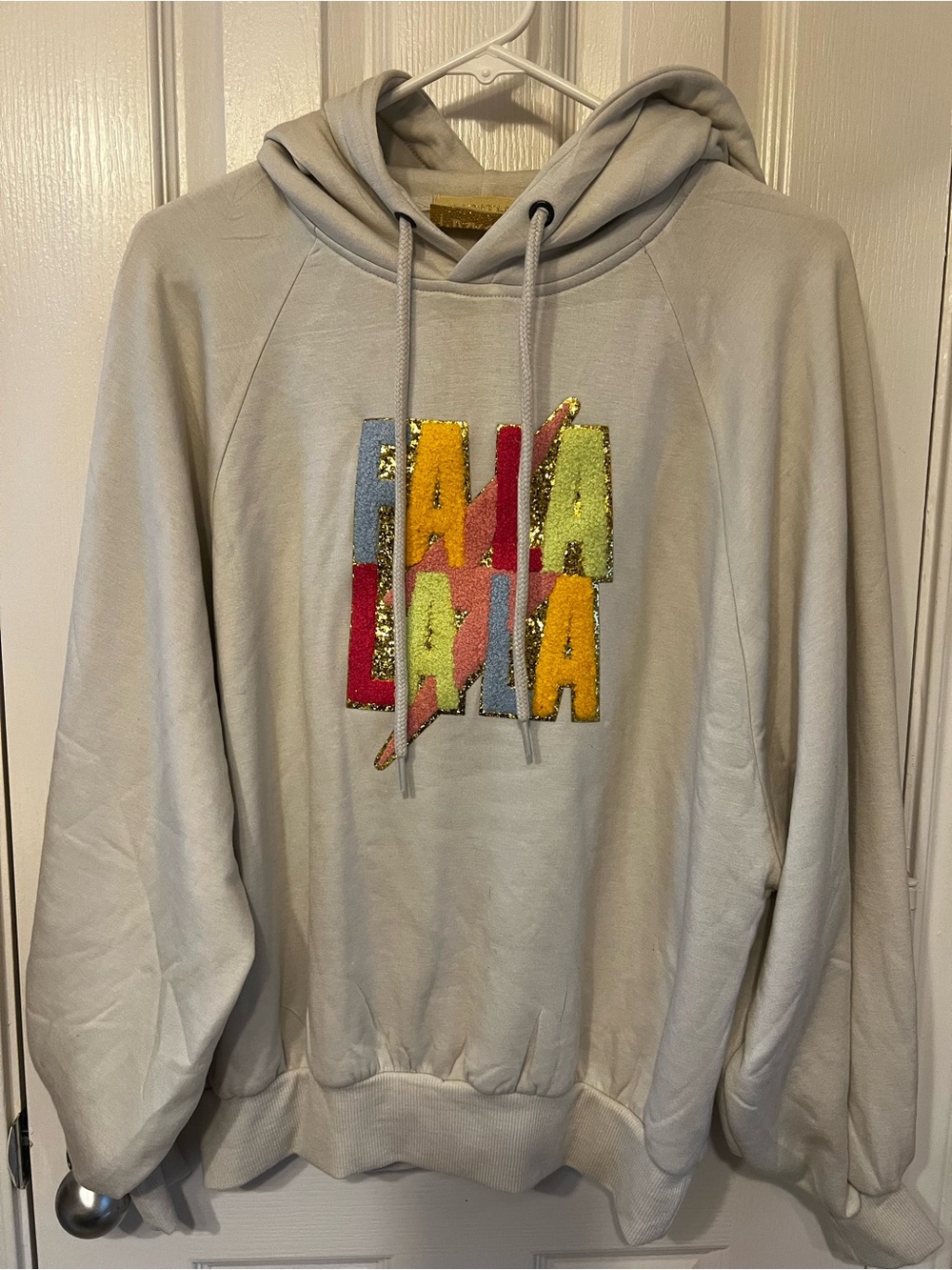 Judith March Fa La La Chenille Patch & Sequin Lightning Bolt Hoodie, Size S